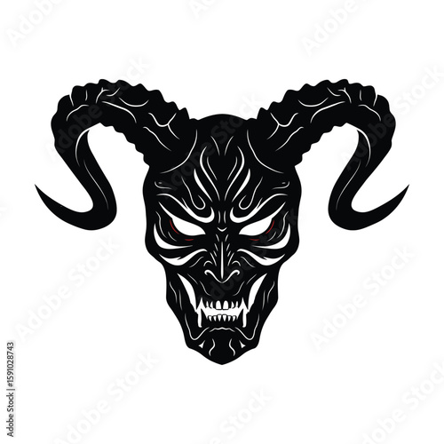 A black and white drawing depicts a demonic skull with horns isolated on white background