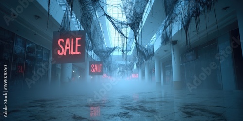 Spooky abandoned shopping mall with SALE signs and a lot of dust