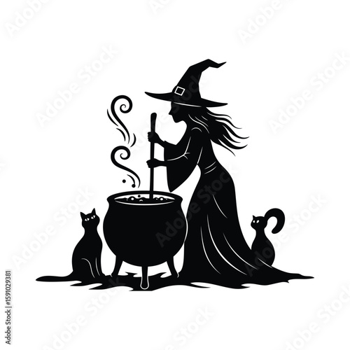 A witch stirring a cauldron with black cats nearby, isolated on white background, conjures a scene of halloween magic and mystery