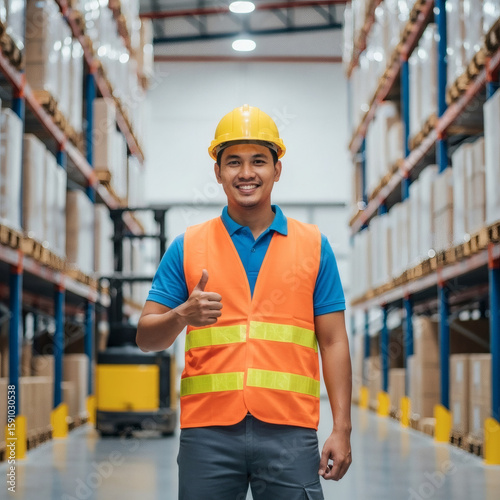 Full body portrait of a professional logistics employee showing approval in a modern storage facility.