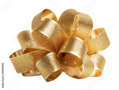 Angled Gold Foil Ribbon Bow with Shimmering Light and Curved Loops, Dynamic Composition, Isolated on Transparent Background PNG