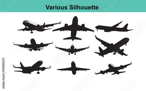 Airplane Silhouette Vector Graphics: Collection of Various Aircraft Silhouettes for Design Projects and Creative Applications
