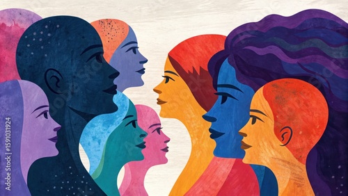 A diverse group of stylized women facing right with colorful skin tones and unique hairstyles