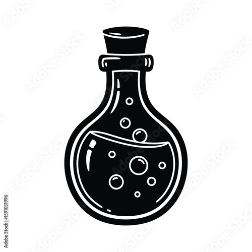 A potion bottle with bubbling liquid, isolated on white background, suggests a magical brew, a potent poison, or an alchemical experiment