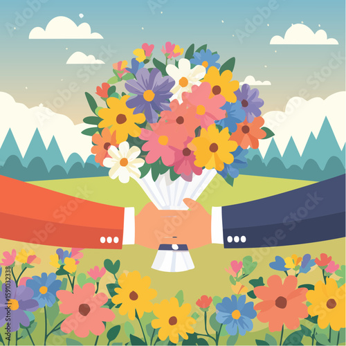 Flat illustration of hands exchanging a colorful flower bouquet