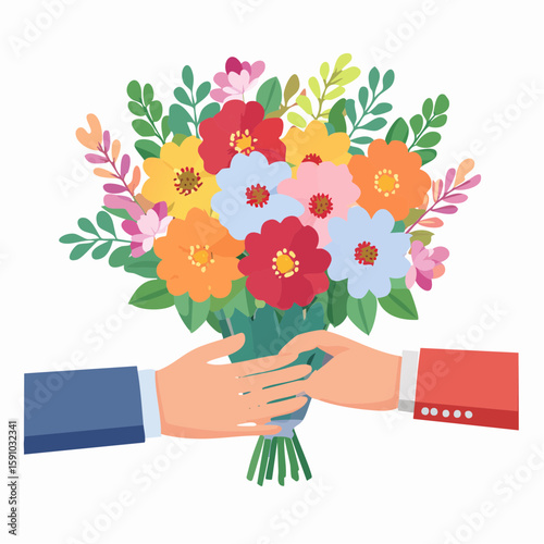 Flat illustration of hands exchanging a colorful flower bouquet