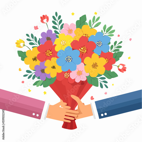 Flat illustration of hands exchanging a colorful flower bouquet