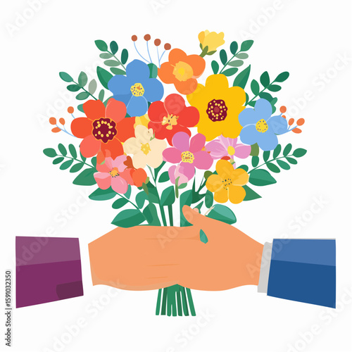 Flat illustration of hands exchanging a colorful flower bouquet