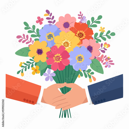 Flat illustration of hands exchanging a colorful flower bouquet