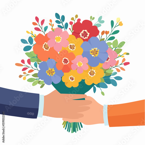 Flat illustration of hands exchanging a colorful flower bouquet