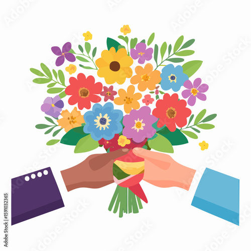 Flat illustration of hands exchanging a colorful flower bouquet