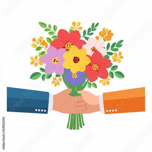 Flat illustration of hands exchanging a colorful flower bouquet