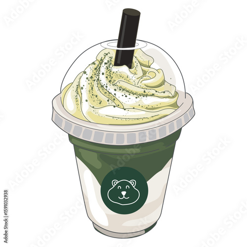 Matcha frappuccino. Matcha with milk and whipping cream on top in the clear plastic cup. Ice fresh drinking menu. Sweet and energy vector drawing illustration on white background.