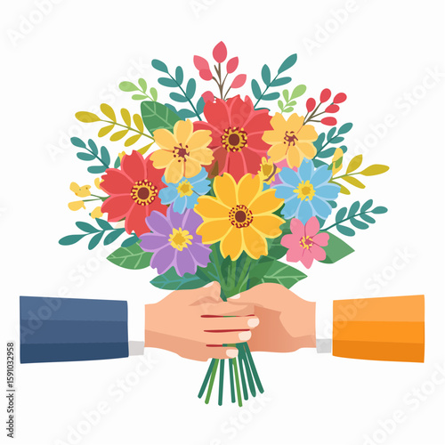 Flat illustration of hands exchanging a colorful flower bouquet