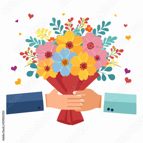 Flat illustration of hands exchanging a colorful flower bouquet