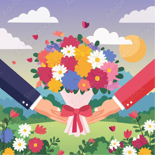 Flat illustration of hands exchanging a colorful flower bouquet