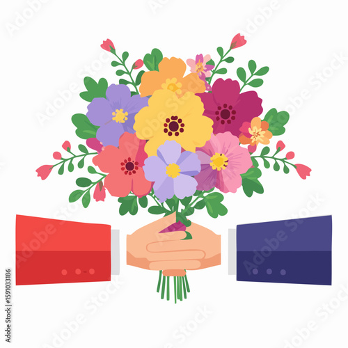 Flat illustration of hands exchanging a colorful flower bouquet