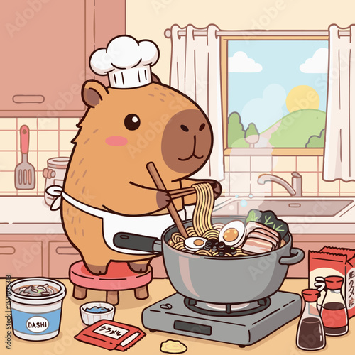 A cute cartoon illustration capybara cooking ramen in kitchen