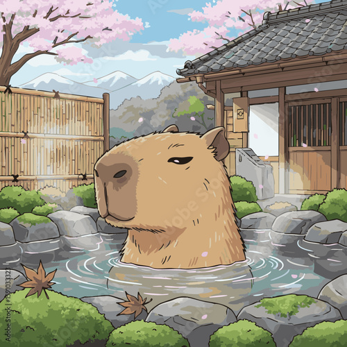 A cute cartoon illustration capybara enjoying hot spring in Japanese style background