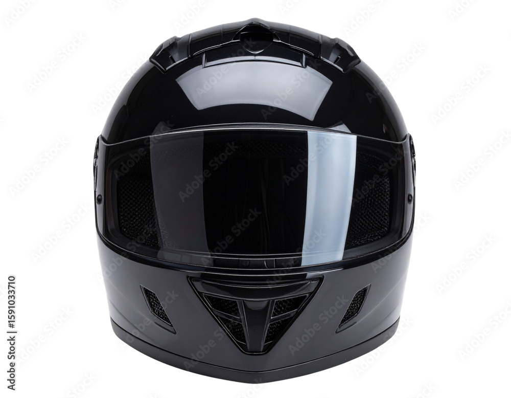 Fototapeta premium AA - Glossy Black Motorcycle Helmet Front View with Tinted Visor, Isolated PNG”