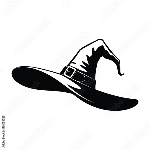 A black and white illustration of a classic witchs hat isolated on white background, perfect for halloween designs and magical themes