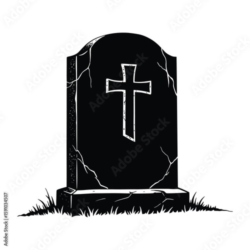 A weathered tombstone with a cross stands silently, isolated on white background, marking a final resting place in a somber cemetery scene