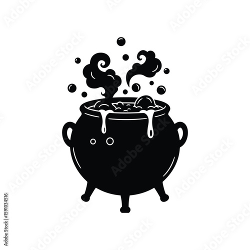 A bubbling witchs cauldron steams mysteriously, isolated on white background, conjuring images of halloween spells and magical concoctions