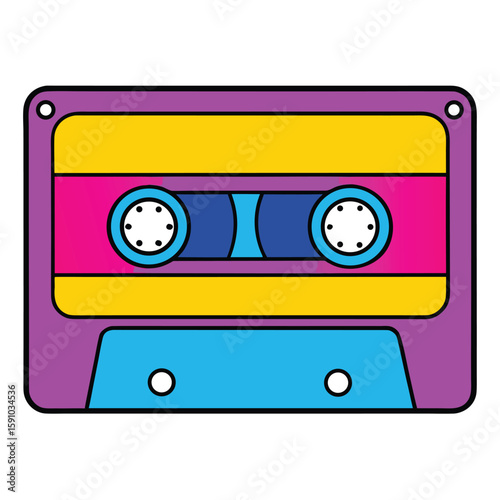 Retro cassette tape with bright purple yellow and pink colors isolated on white background.eps