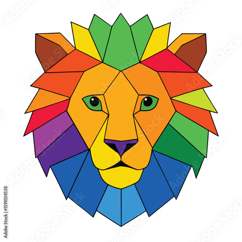 Geometric lion head with rainbow mane isolated on white background.eps