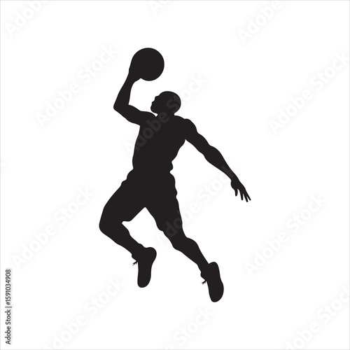 Basketball Player Silhouette Vector Illustration. Basketball Dunk Silhouette in Action Player Dribbling the Ball Vector Design
