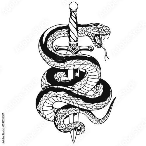 Intricate Snake and sword Tattoo Design for Dark monochrome vector illustration in various objects and elements.