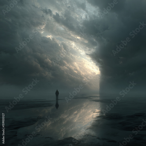 A man stands alone on a beach in the middle of a storm. The sky is dark and cloudy, and the water is choppy. The man is lost in thought, as if contemplating the vastness of the ocean