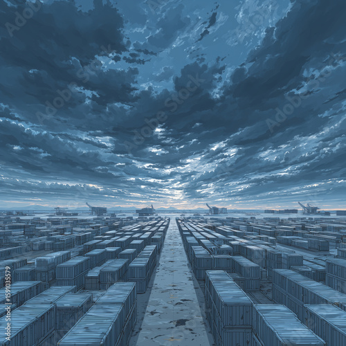 A blue sky with a few clouds and a city in the background. The sky is dark blue and the clouds are white. The city is full of buildings and containers