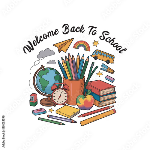 Welcome Back to School graphics design for print, poster, card, mugs, bags, invitation, party.	
