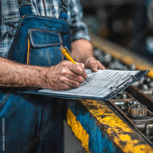 A man is writing on a clipboard with a pen. He is wearing blue overalls and has a serious expression on his face. The clipboard is on a yellow surface, which adds a contrasting color to the scene