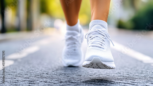 Close up of running shoes hitting pavement during morning exercise, showcasing energy and motion