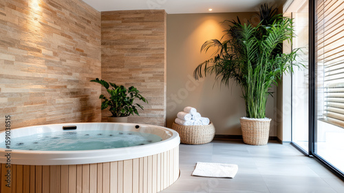 Relaxing indoor spa with hot tub, natural stone walls, and lush greenery