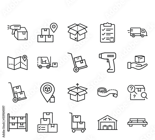 20 Warehouse & Logistics Line Icons – Delivery, Storage, Shipping Symbols