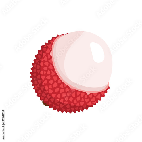 A single lychee fruit, partially peeled, revealing the white flesh, isolated on a white background.