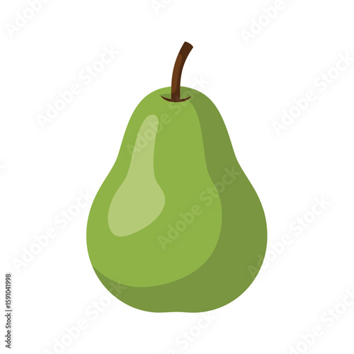 A single, stylized green pear with a brown stem, isolated on a white background.