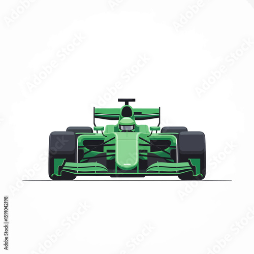Front view of a stylized green Formula 1 race car.