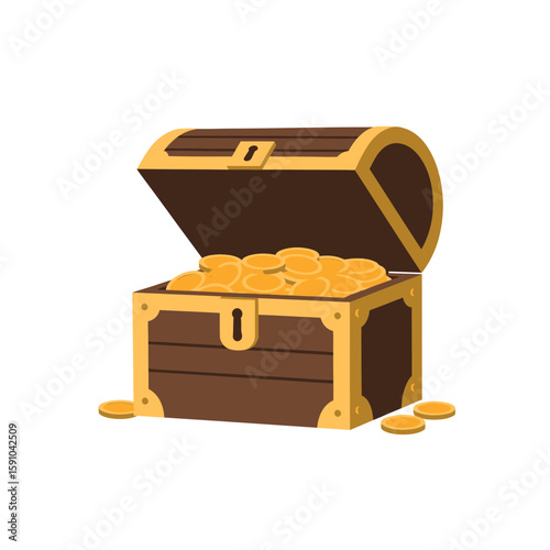 A treasure chest overflowing with gold coins,  open and spilling some coins onto a white background.