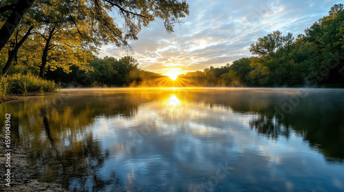 Wallpaper Mural Quiet sunrise over lake with reflection of trees and mist Torontodigital.ca