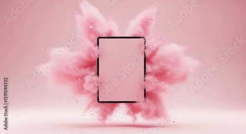 Tablet exploding with pink powder against a pink background
