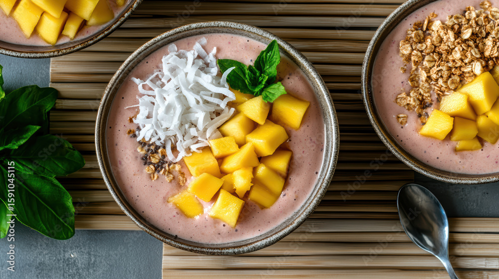 Tropical smoothie bowls with mango, coconut, and granola create refreshing treat Tropical smoothie bowls with mango, coconut, and granola create refreshing treat