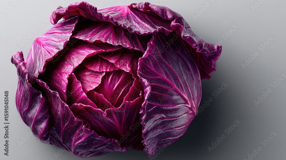 Obraz premium Vibrant Red Cabbage with Intricate Leaf Structure on Gray Surface