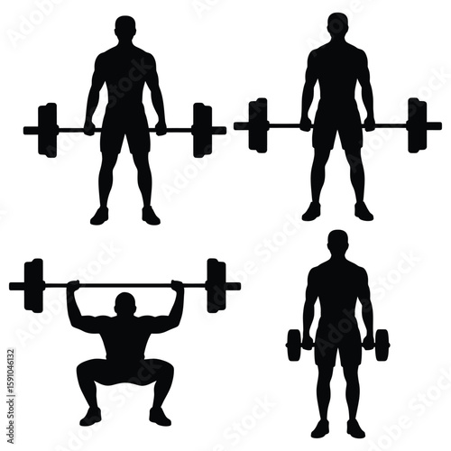 Silhouettes of men lifting weights barbell