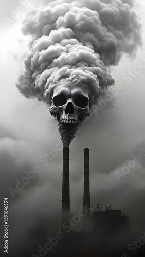 Skull Emerging from Industrial Smoke Pollution