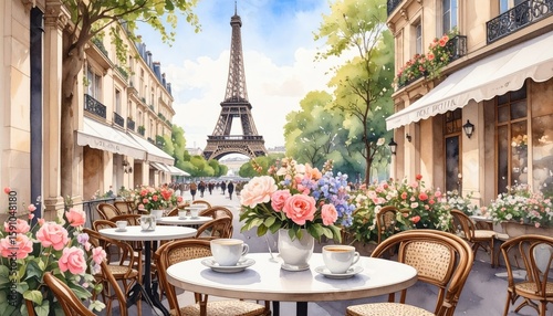 Parisian cafe street scene, sunny day