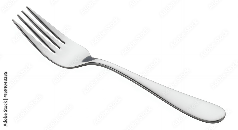 Close-up of a shiny stainless steel fork with four tines against a pure white backdrop, concept for table setting presentation, culinary arts, and restaurant marketing Close-up of a shiny stainless steel fork with four tines against a pure white backdrop, concept for table setting presentation, culinary arts, and restaurant marketing